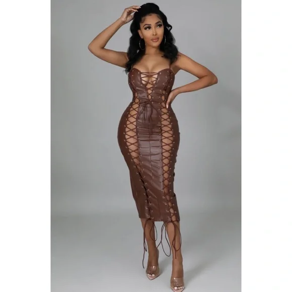 chinese dress ladies Strapless Faux Leather Midi Dress
